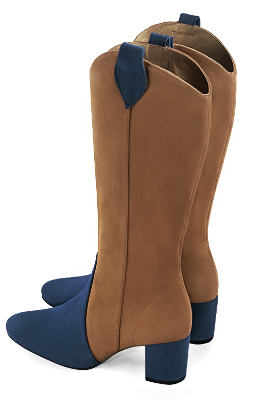 Navy blue and caramel brown women's mid-calf boots. Round toe. Medium block heels. Made to measure. Rear view - Florence KOOIJMAN